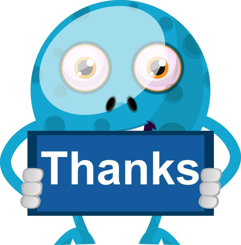 Blue monster with thanks note, illustration, vector on white background.