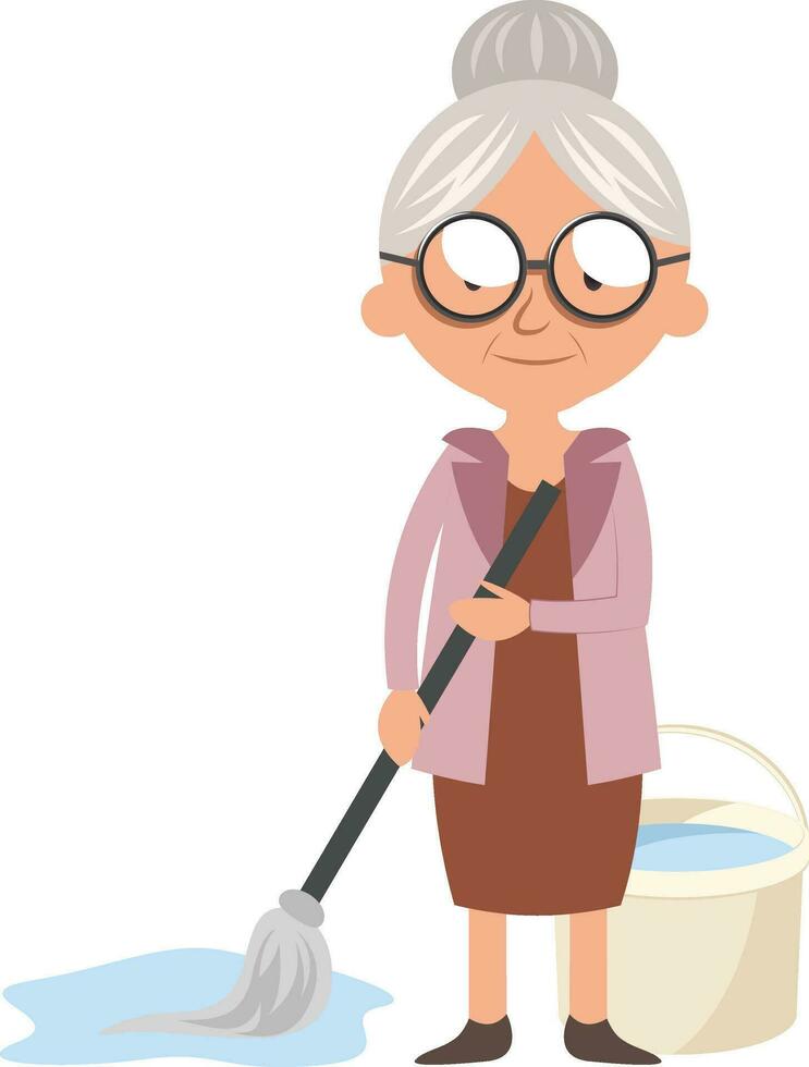 abuela con fregona, ilustración, vector sobre fondo blanco.