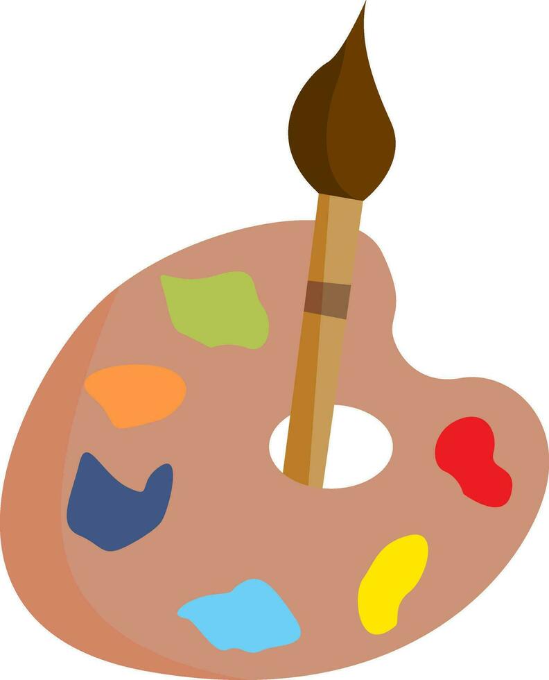 Cartoon picture of a palette holding multiple paints and a brush vector or color illustration