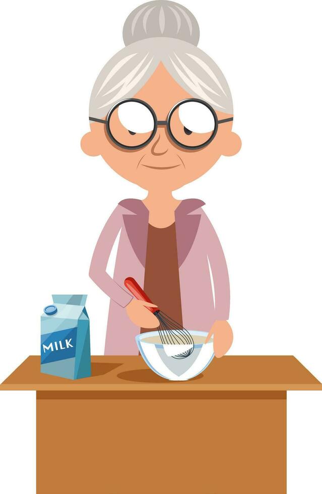 Granny cooking, illustration, vector on white background.