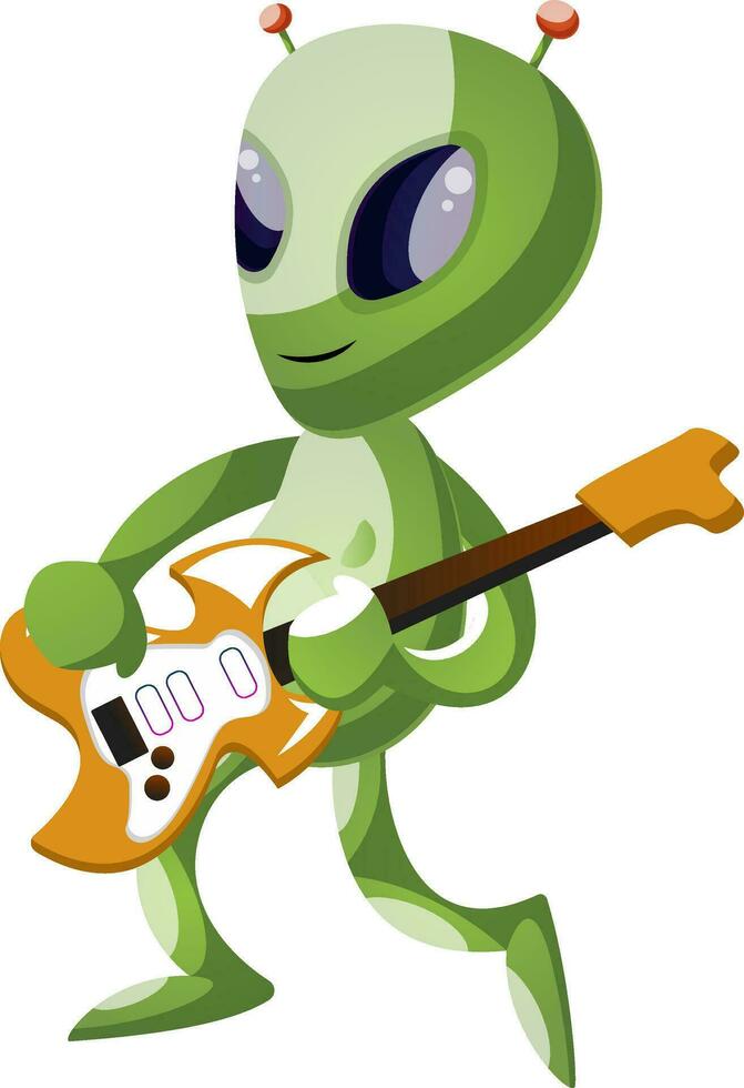 Alien with guitar, illustration, vector on white background.