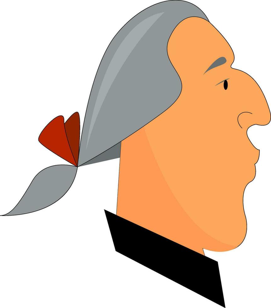 A man in a grey-colored wig has tied up his hair with a red-colored ribbon vector or color illustration