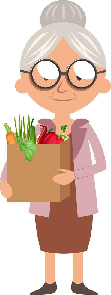 Granny with food, illustration, vector on white background.