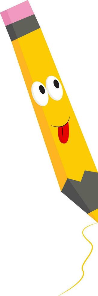 Cute yellow-colored cartoon pencil with tongue hanging out vector or color illustration