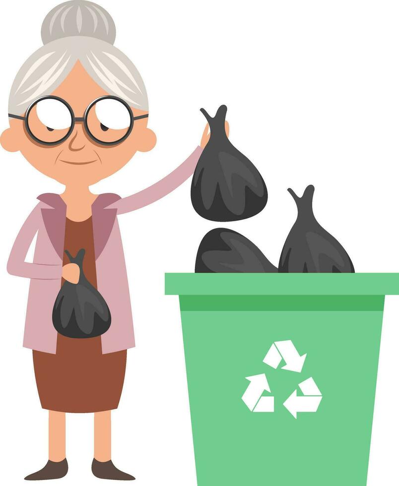 Granny throwing trash, illustration, vector on white background.