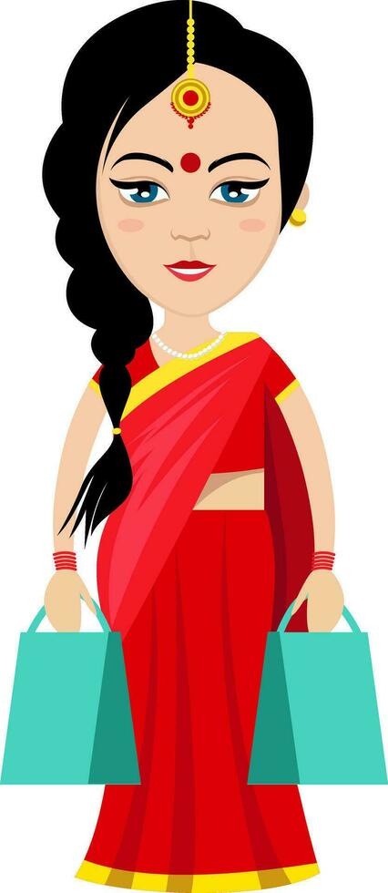 Indian woman with shopping bags , illustration, vector on white background.