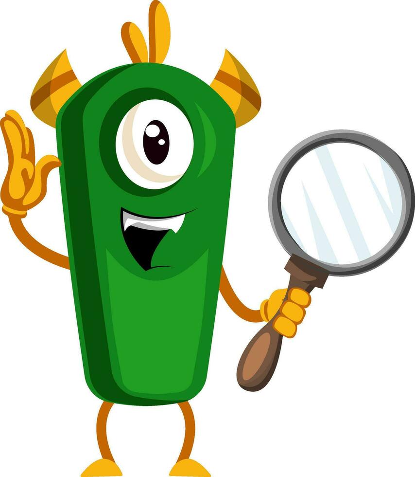 Monster with magnifying glass, illustration, vector on white background.