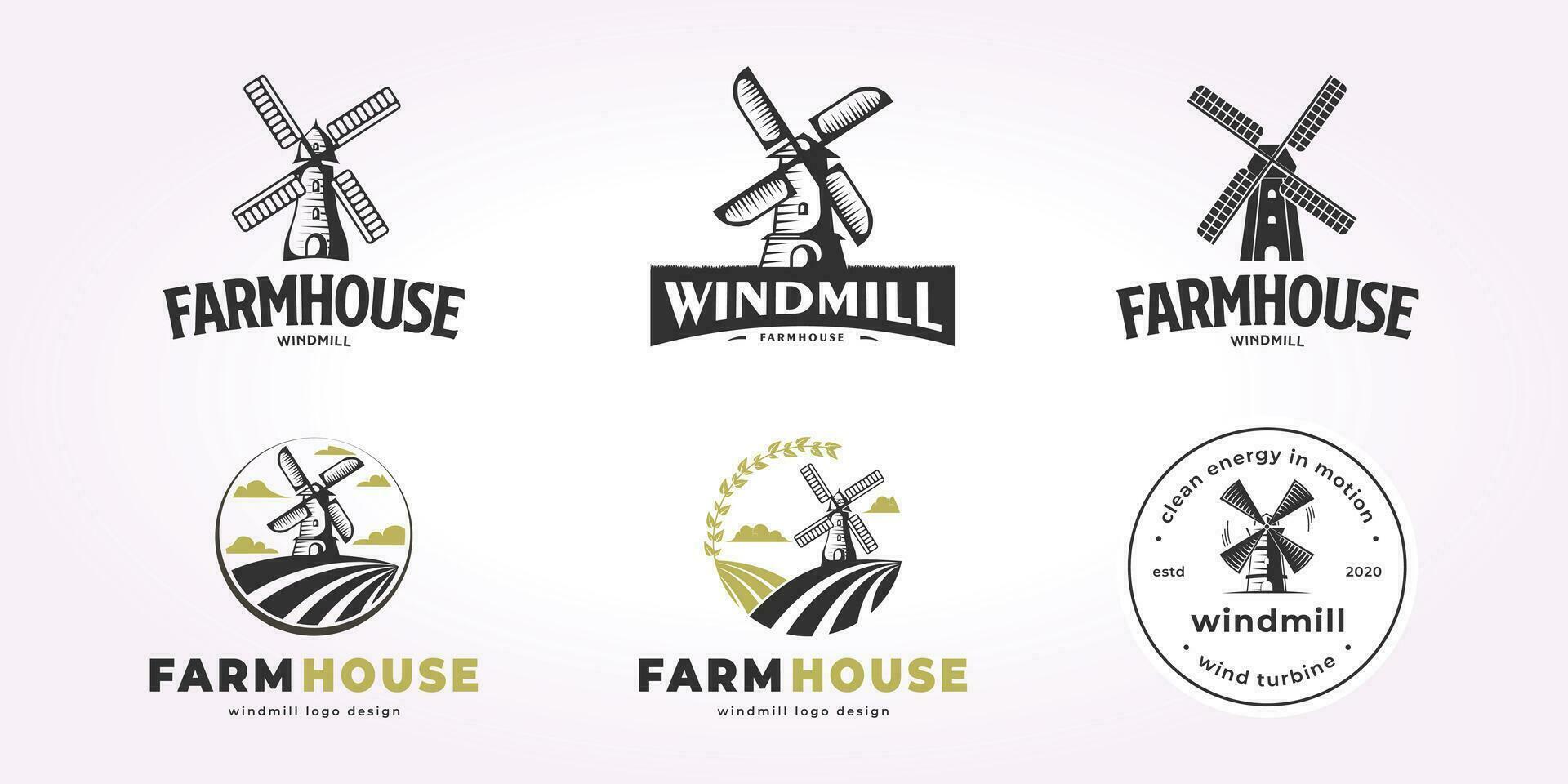 windmill logo design bundle, wind energy illustration vector set, farmhouse icon emblem bundle