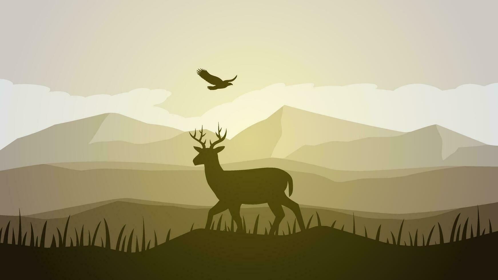 Savanna deer landscape vector illustration. Scenery of deer silhouette and eagle in the morning with cloudy sky. Deer wildlife panorama for illustration, background or wallpaper