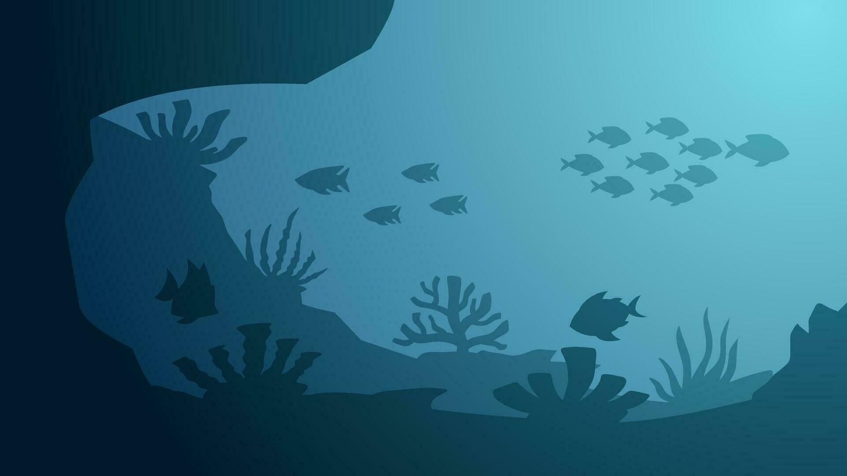Seascape vector illustration. Scenery of marine life with coral reef and fish in the bottom sea. Underwater wildlife for illustration, background or landscape
