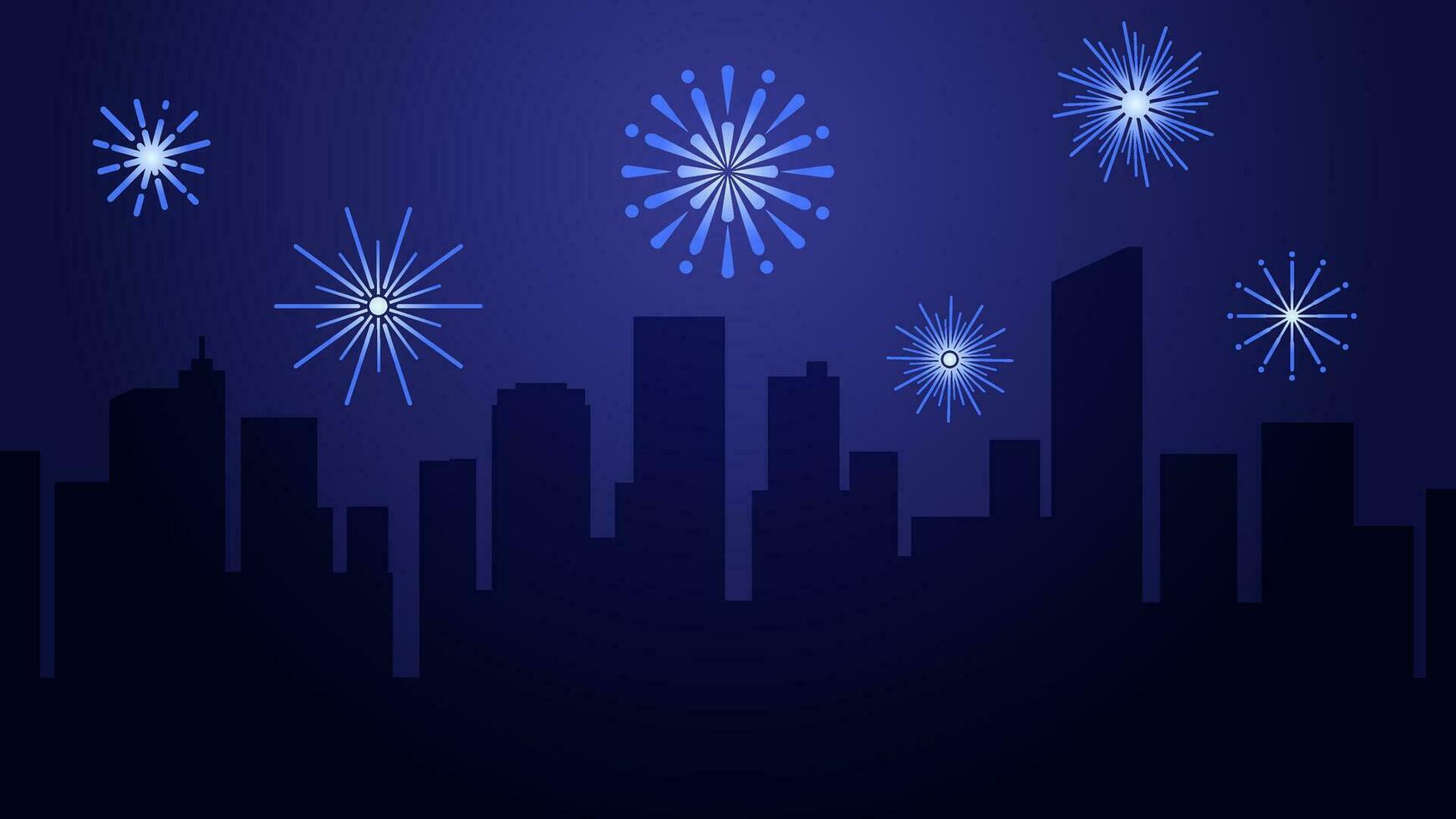 New year cityscape vector illustration. Scenery of city with sparkling fireworks in new year event. City panorama for illustration, background or wallpaper. City silhouette in the firework festival