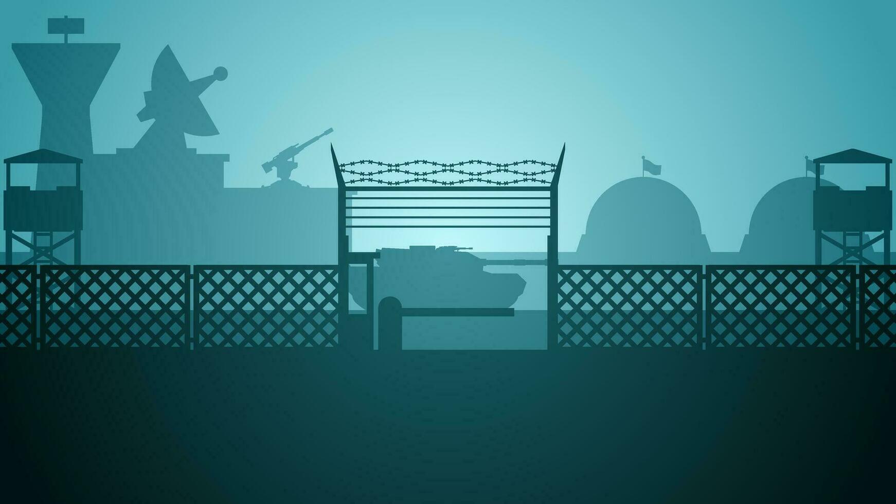 Military base landscape vector illustration. Silhouette of at military base with tank and armored vehicles. Military landscape for background, wallpaper or illustration