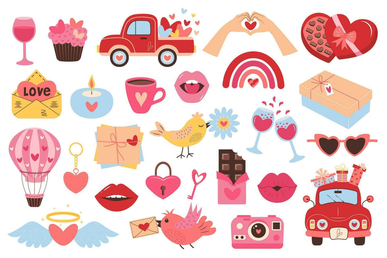 Valentines day icons set. Cute love elements and decorations. Perfect for scrapbooking, greeting card, party invitation, poster, tag, sticker kit. vector