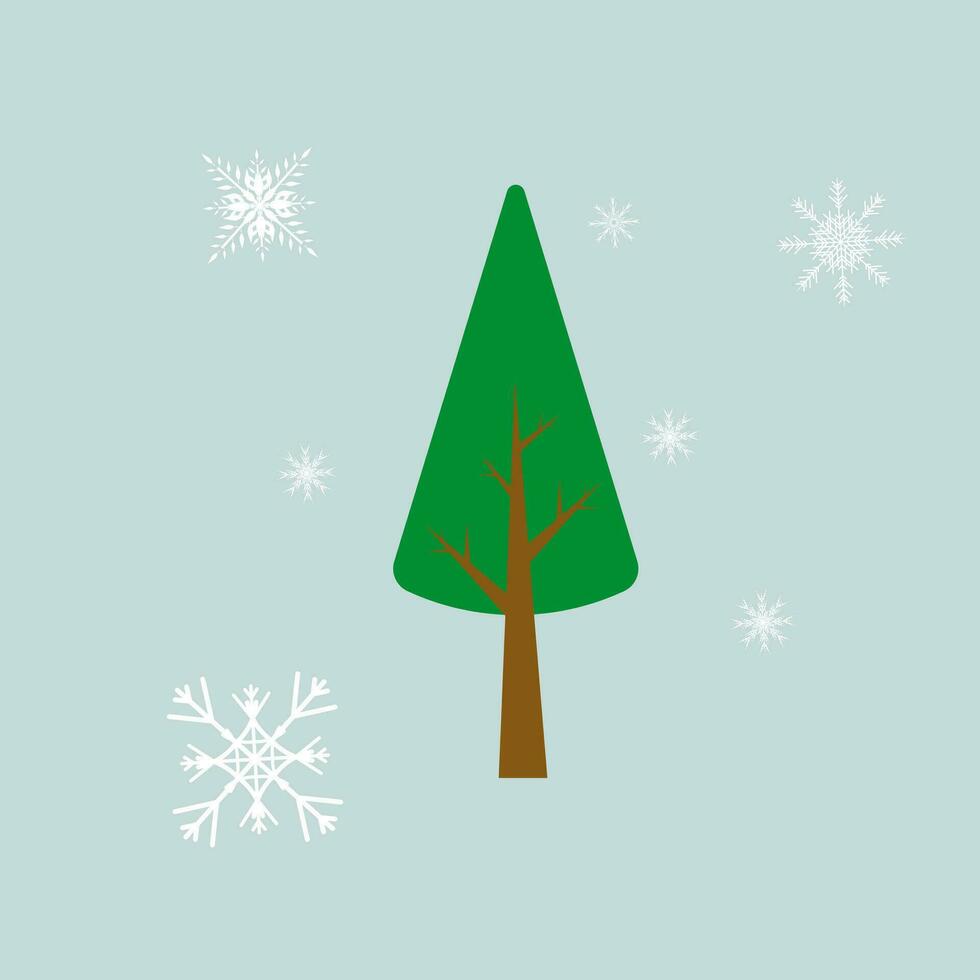 Green Chistmas tree and snow flakes on light blue background, used for spring concept, vector design