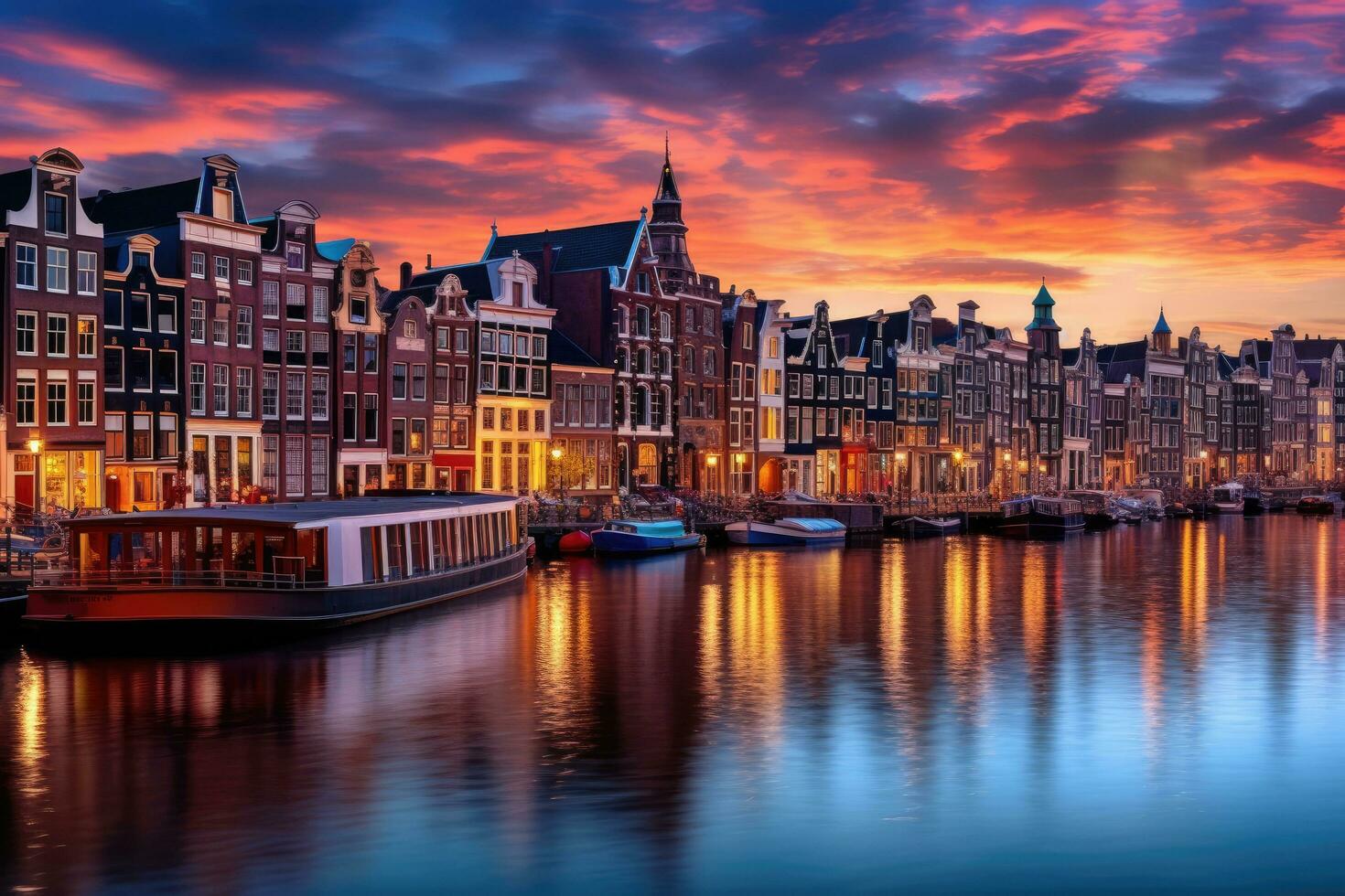 AI generated Cityscape of Amsterdam at sunset, Holland, Netherlands. Colorful houses and canals, Amsterdam Netherlands dancing houses over river Amstel landmark, AI Generated photo