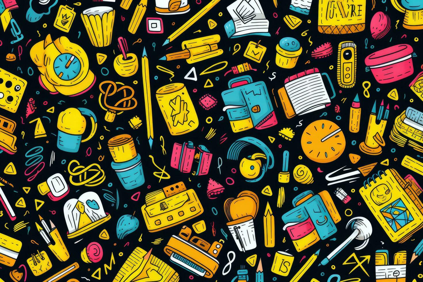 AI generated Back to school doodle seamless pattern. Vector illustration with school supplies, Back to school doodle seamless pattern, Hand-drawn background with school supplies and creative photo