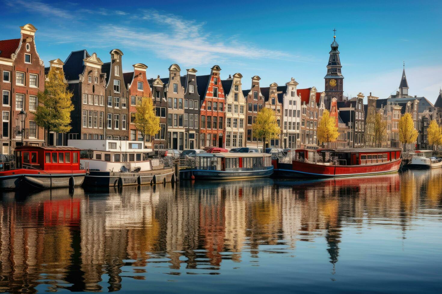 AI generated Amsterdam cityscape with canals and boats, Holland, Netherlands, Amsterdam Netherlands dancing houses over river Amstel landmark, AI Generated photo