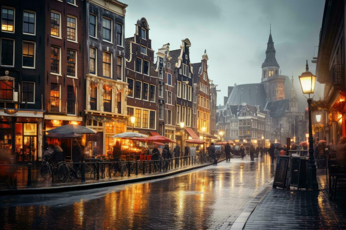 ai generado personas caminando en el antiguo pueblo de Ámsterdam, Amsterdam Países Bajos bailando casas terminado río amstel punto de referencia, ai generado foto