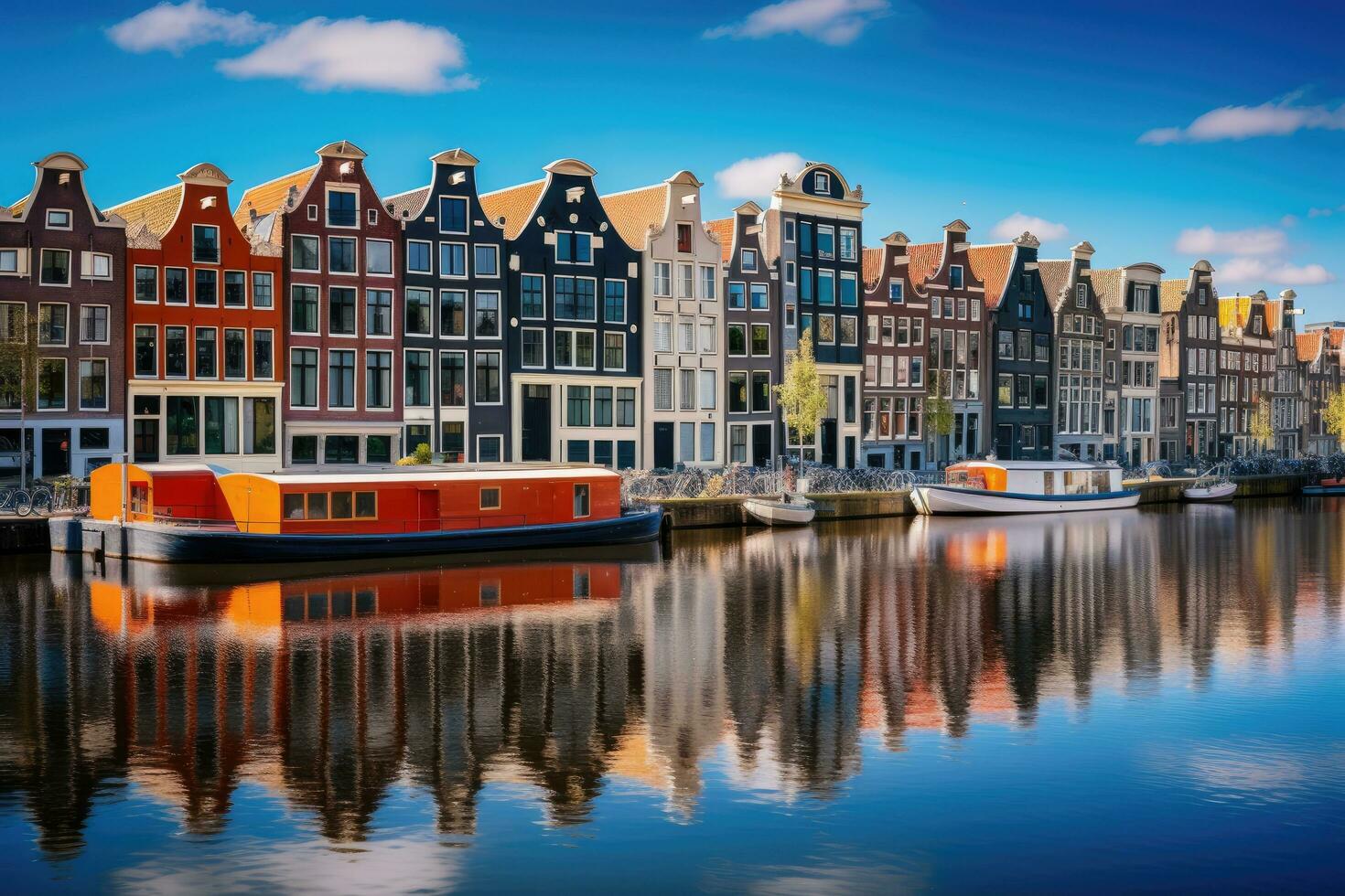 AI generated Amsterdam canal with colorful houses and boats, Holland, Netherlands, Amsterdam Netherlands dancing houses over river Amstel landmark, AI Generated photo