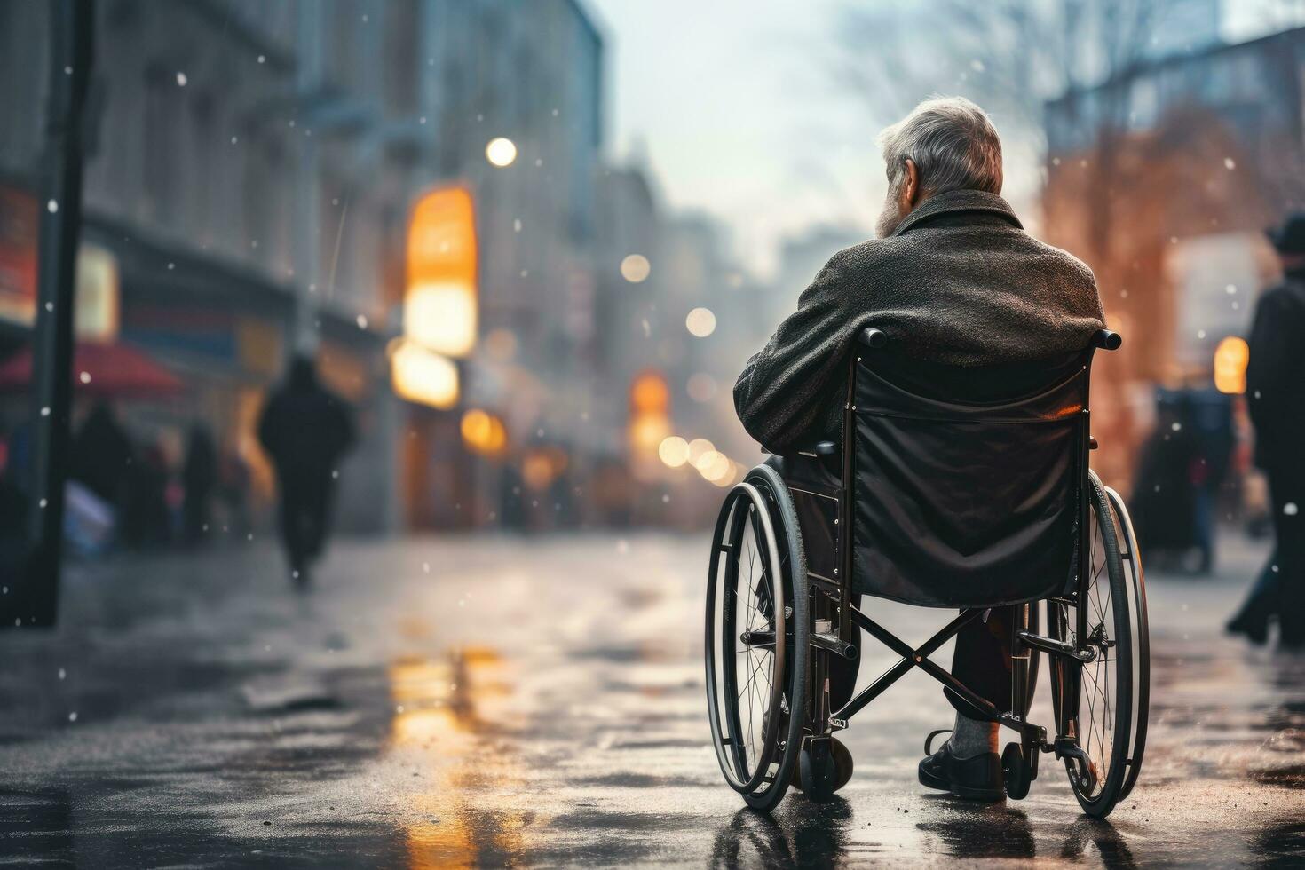 AI generated Elderly man in a wheelchair on the street in the rain,  An old man is sitting in a wheelchair on a walk in the city, rear view, AI Generated photo