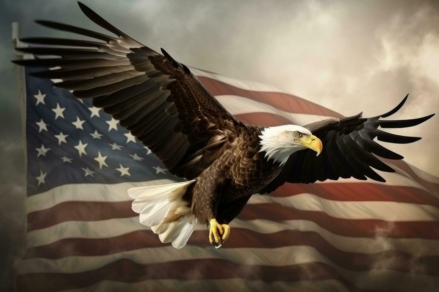 AI generated Bald Eagle in flight on the background of the American flag, Amber Fort and Maota Lake, Jaipur, Rajasthan, India, AI Generated photo