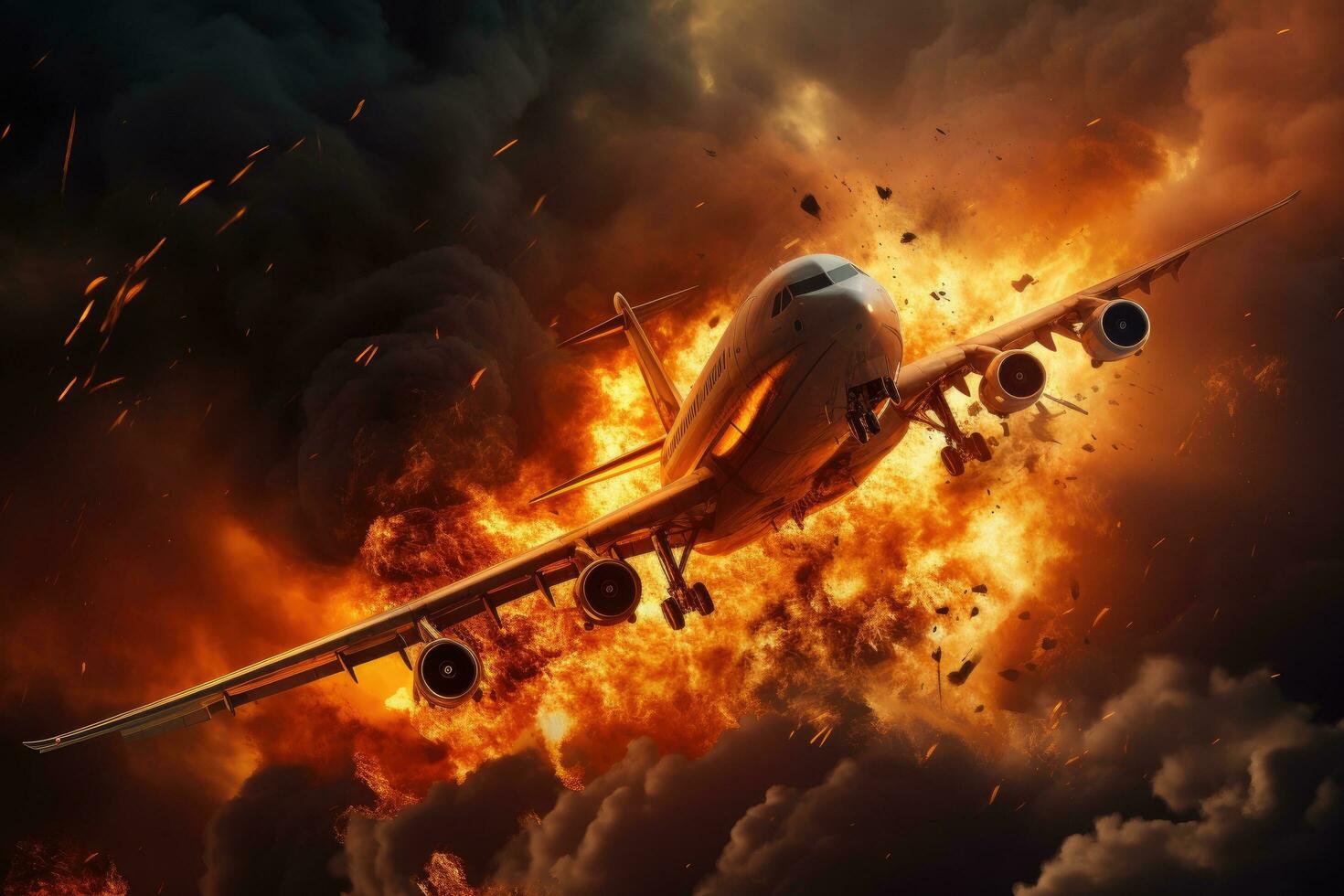 AI generated Airplane in the sky with smoke and fire. 3d rendering, Airplane with the engine on fire, a concept of aerial disaster, AI Generated photo