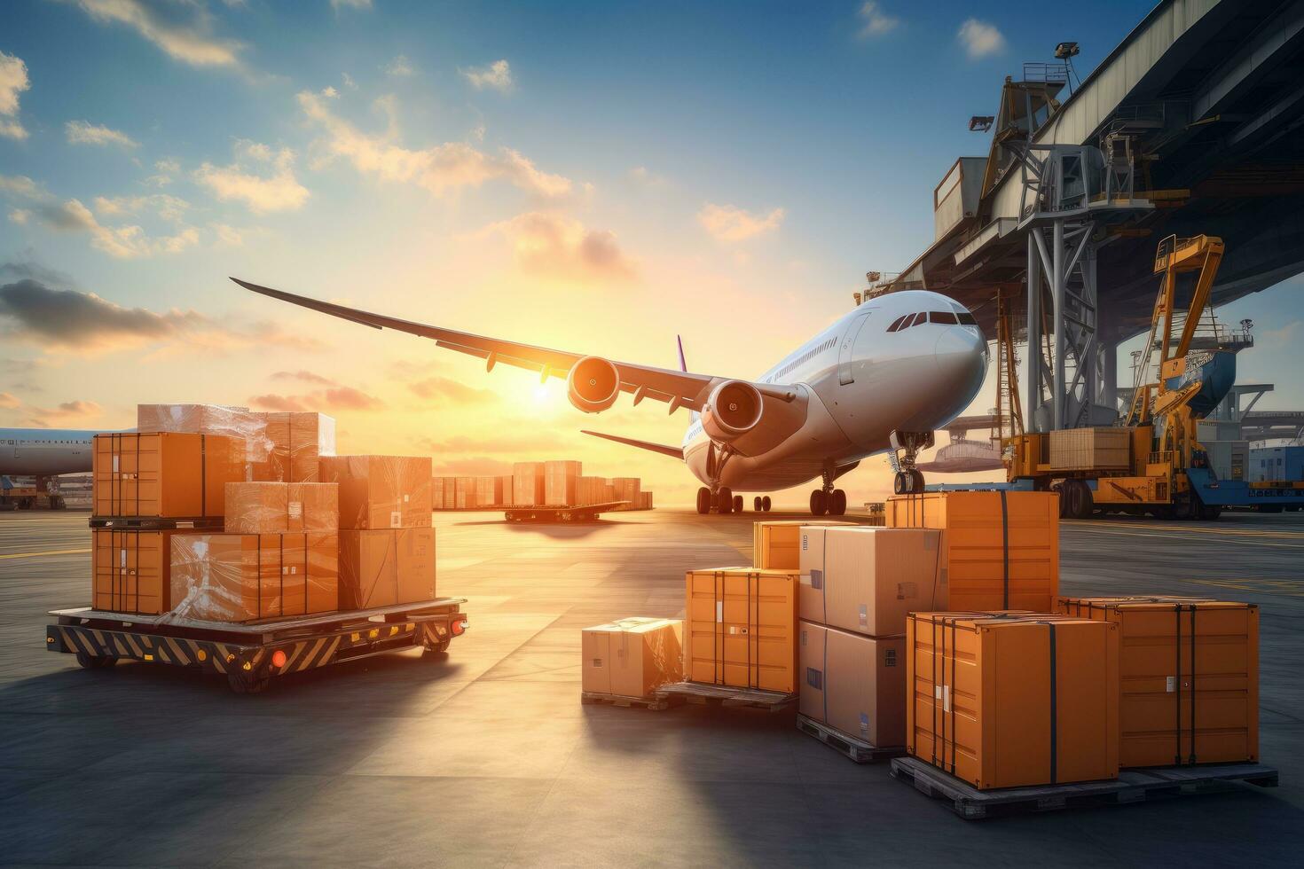 AI generated Airplane in cargo port at sunset time. Logistics and transportation concept, Airplane cargo transportation by plane, unloading containers of boxes at the airport, AI Generated photo