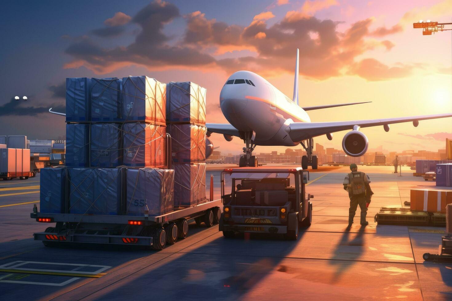 AI generated Airplane and cargo loading in the airport at sunset, freight transportation concept, Airplane cargo transportation by plane, unloading containers of boxes at the airport, AI Generated photo