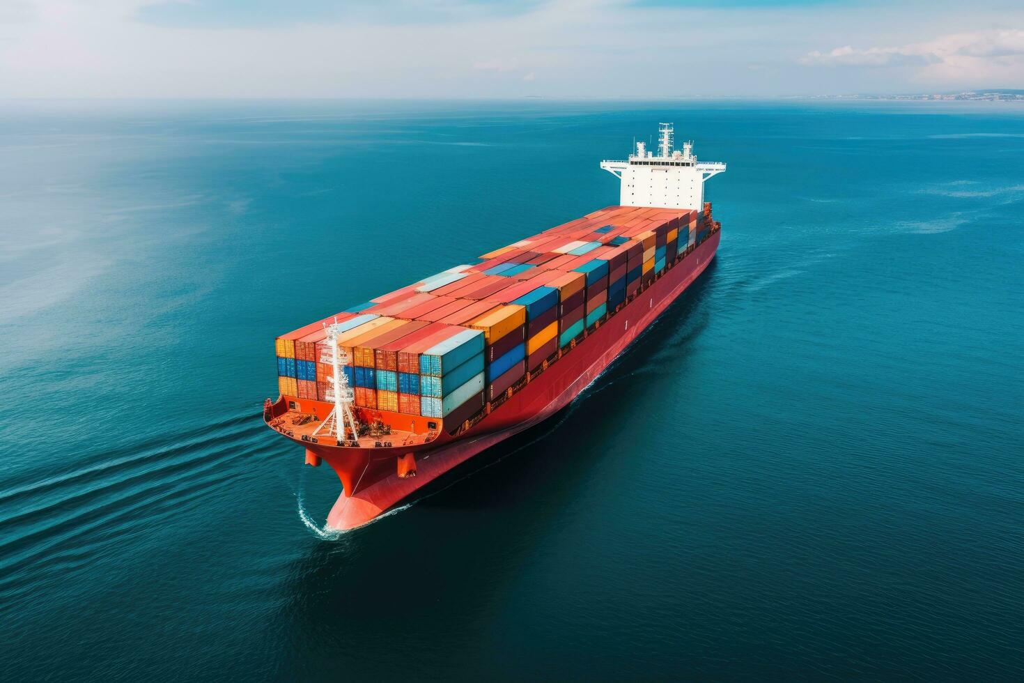 AI generated Aerial view of container ship in sea. Freight transportation concept, Aerial view of a container ship or cargo shipping business logistic import and export freight transportation photo