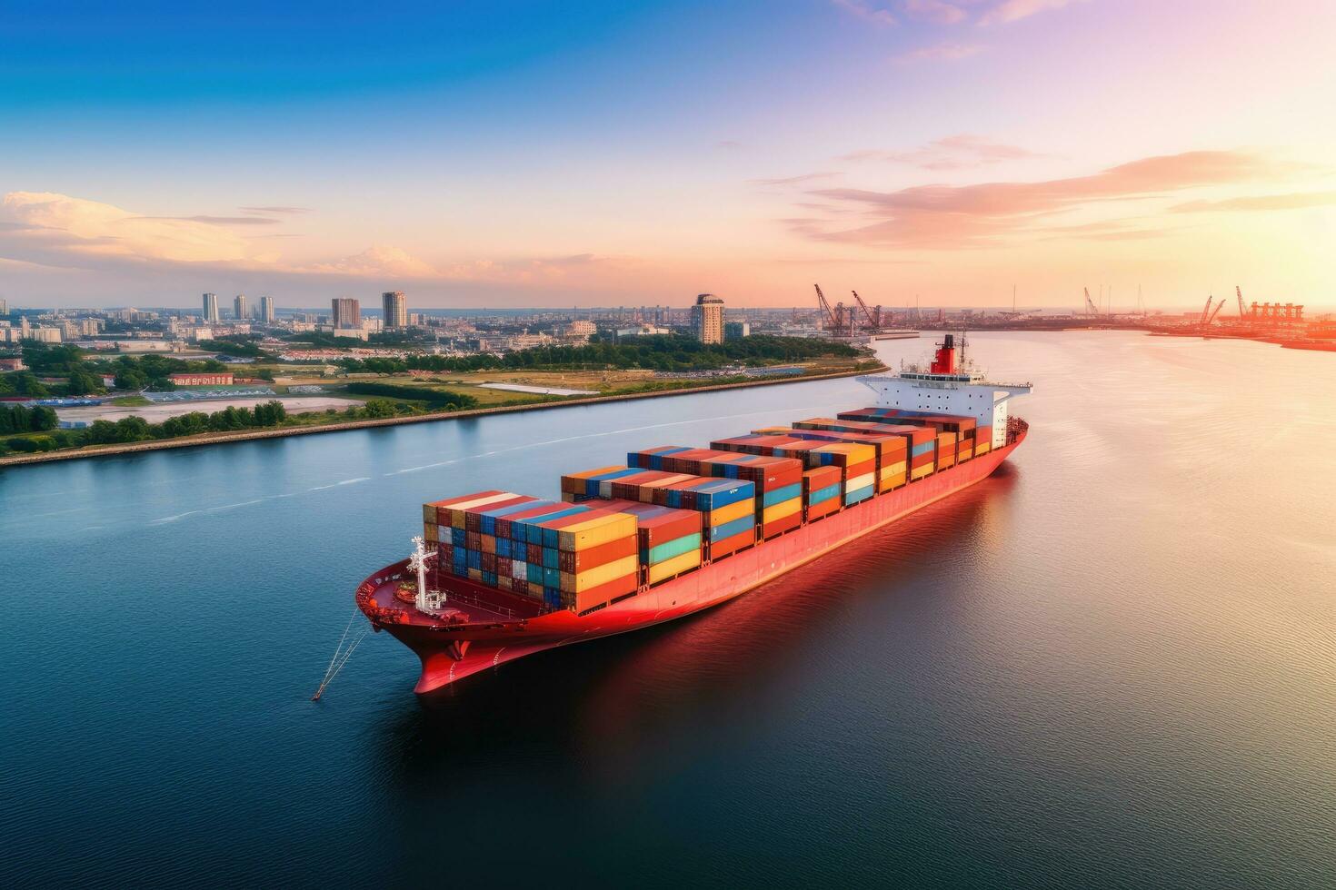 AI generated Container Cargo freight ship with working crane bridge at sunset for Logistic Import Export background, Aerial view of a container ship or cargo shipping business logistic import photo