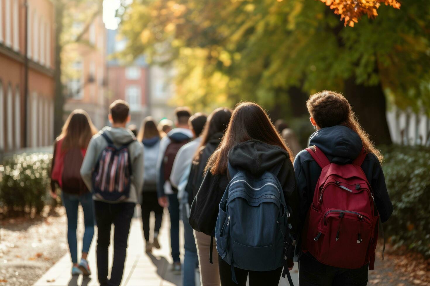 AI generated Back view of group of students with backpacks walking in autumn park, Back view of a group of students with backpacks walking on the street, A group of high school kids, AI Generated photo