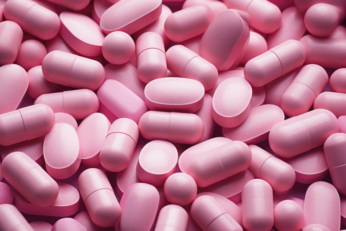 ai generado rosado pastillas en un oscuro fondo, parte superior vista, de cerca, un lote de rosado medicina pastillas, ai generado foto