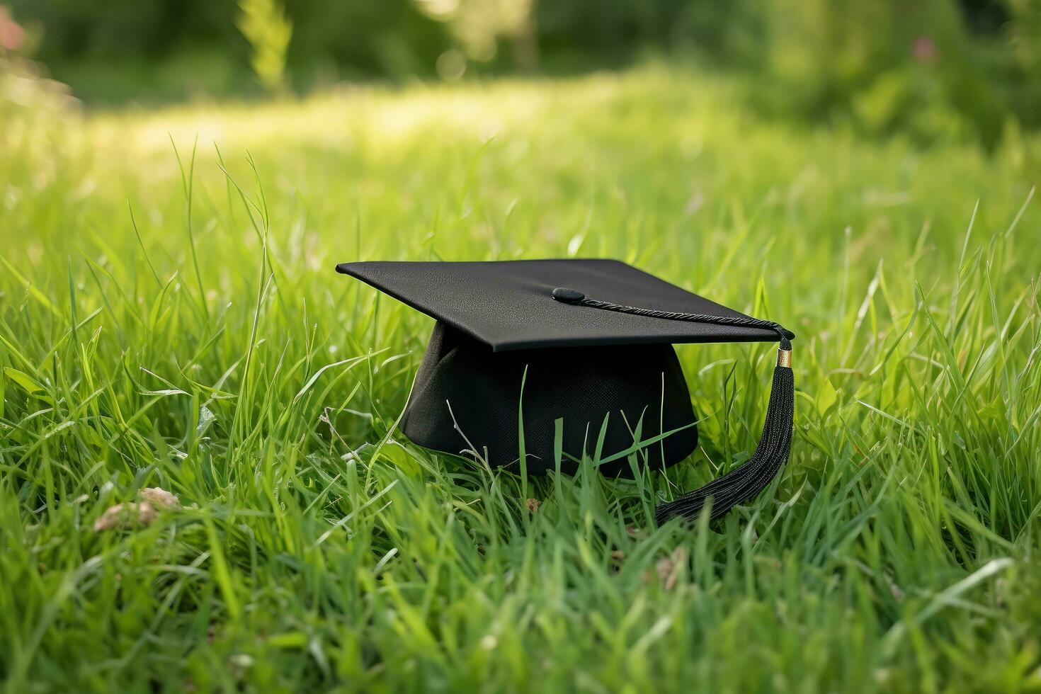 AI generated Graduation cap on green grass. Education concept. Back to school, A graduation hat lies on green grass, AI Generated photo