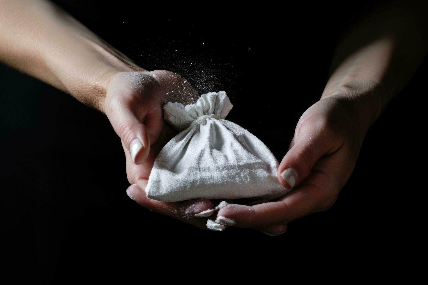 AI generated Woman's hands holding a handful of white flour on a black background, A female hand close-up holding a small bag with white powder for sale, AI Generated photo