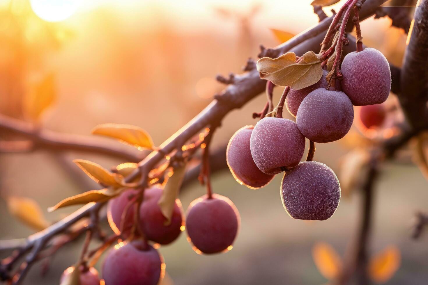 AI generated Plum tree branch with ripe fruits in the garden at sunset, A branch with natural plums against a blurred background of a plum orchard at golden hour, AI Generated photo