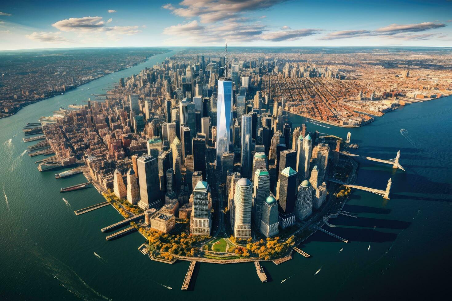 AI generated Shanghai Lujiazui Finance and Trade Zone of the world, Aerial view of lower Manhattan, New York City, AI Generated photo