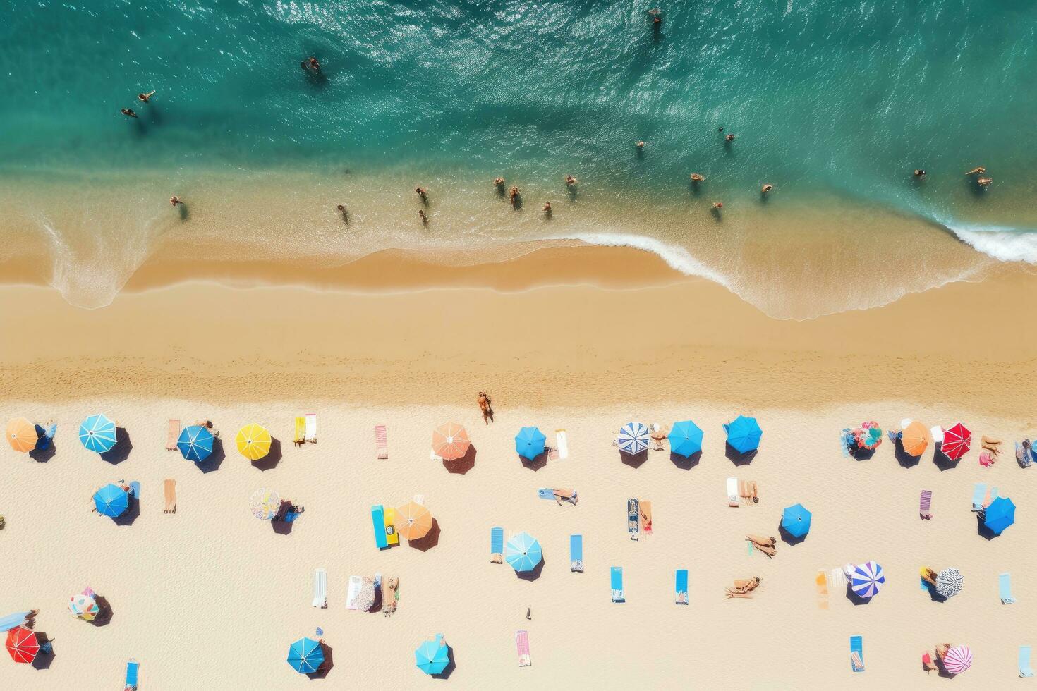 AI generated Aerial view of people relaxing on the beach in summer. Top view from drone, Aerial view of people sunbathing on the beach in summer, AI Generated photo