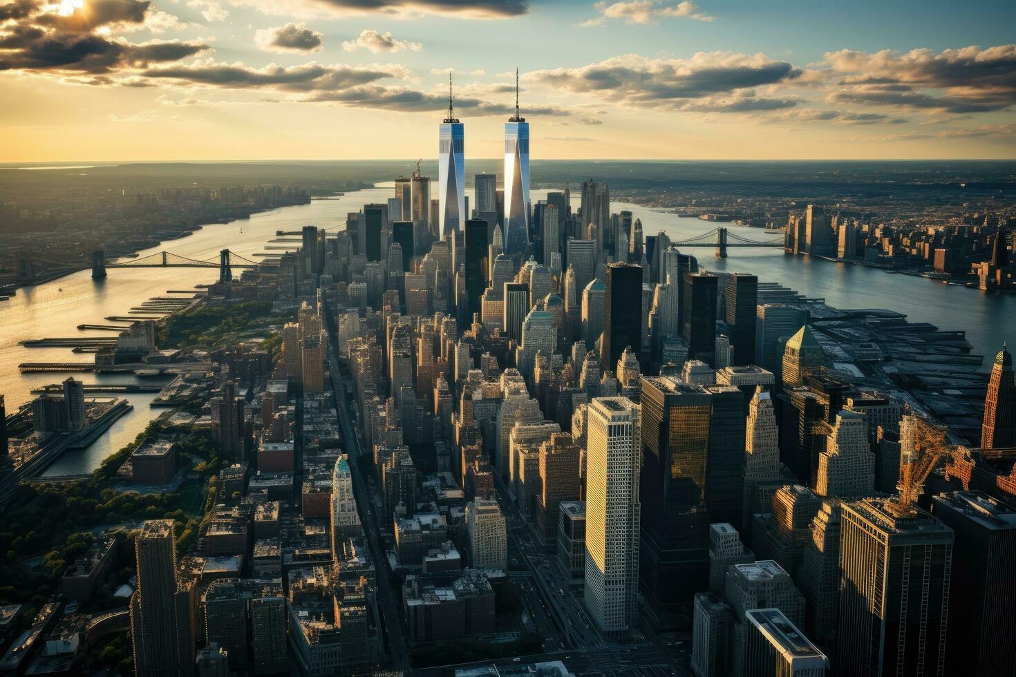 ai generado nuevo York ciudad horizonte a puesta de sol con rascacielos y río, aéreo puntos de vista de el céntrico Manhattan horizonte, ai generado foto