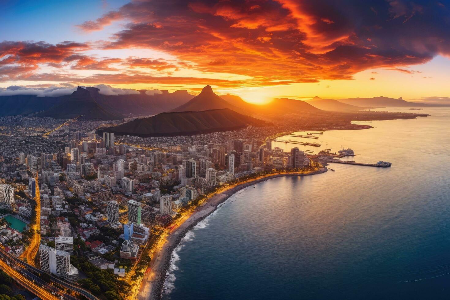 ai generado aéreo ver de rio Delaware janeiro a atardecer, Brasil. zumbido fotografía, aéreo panorámico ver de capa pueblo paisaje urbano a atardecer, ai generado foto