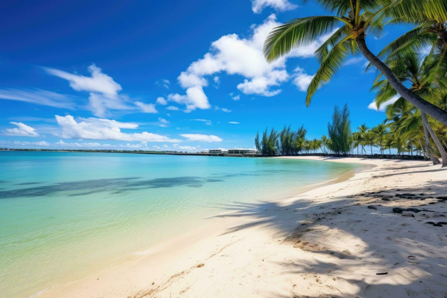AI generated tropical beach with coconut palm trees and turquoise water, Amazing white beaches of Mauritius island, Tropical vacation, AI Generated photo
