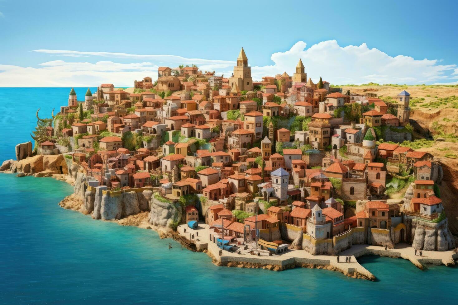 AI generated Ancient city on the coast of the Adriatic Sea in Croatia, Aerial view of the old town, Vacation and adventure, Town and sea, AI Generated photo