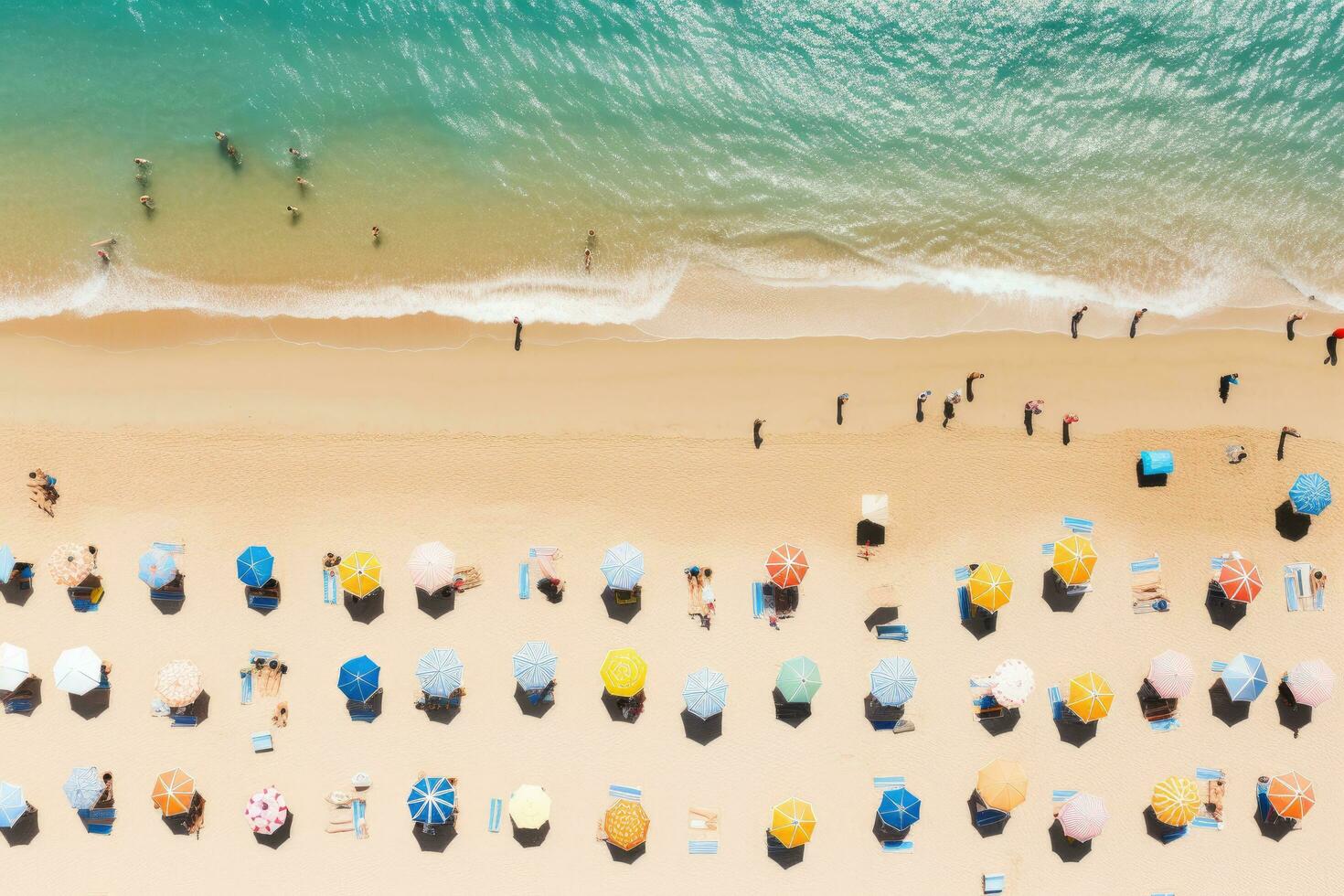 AI generated Aerial view of people relaxing on the beach. Top view from drone, Aerial view of people sunbathing on the beach in summer, AI Generated photo