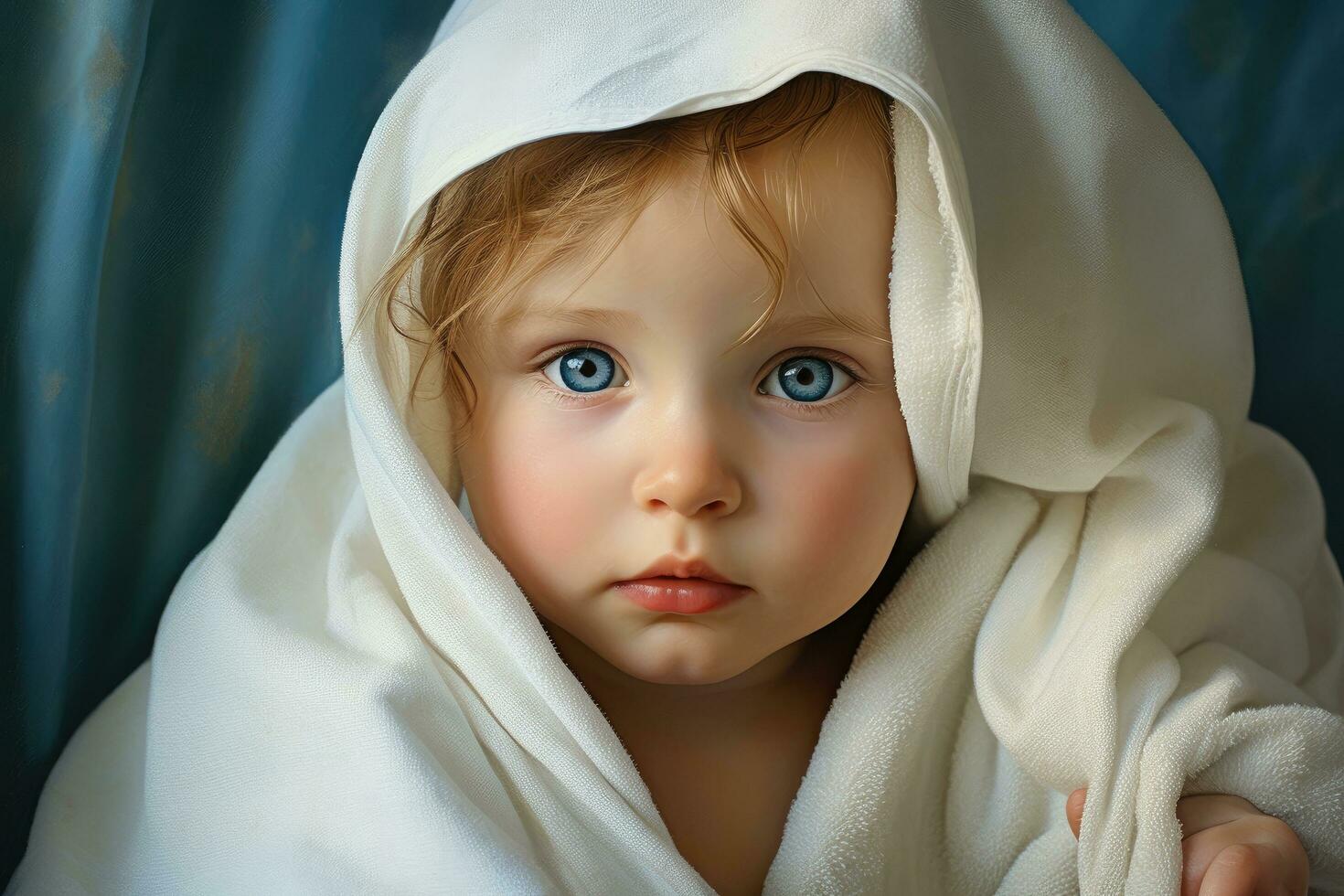 ai generado retrato de un pequeño niña con azul ojos en un blanco toalla, adorable bebé con azul ojos en un toalla después un baño, presentado en un retrato, ai generado foto