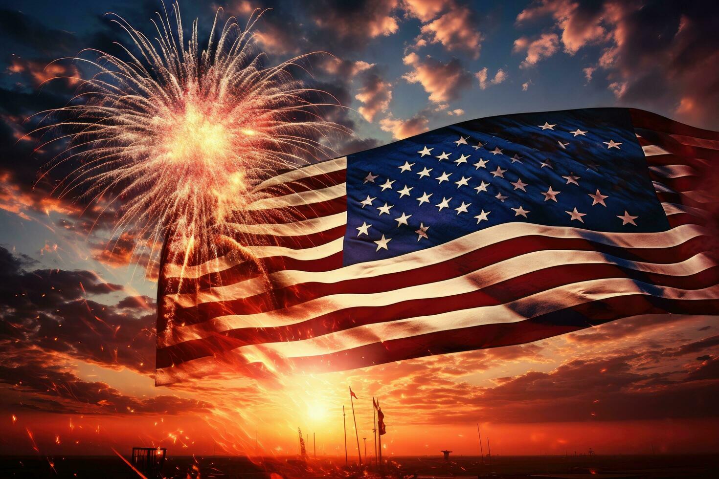 AI generated United states of America flag and fireworks at sunset background. 3D illustration, Rear view of a young African American woman relaxing in the swimming pool at a tropical resort photo