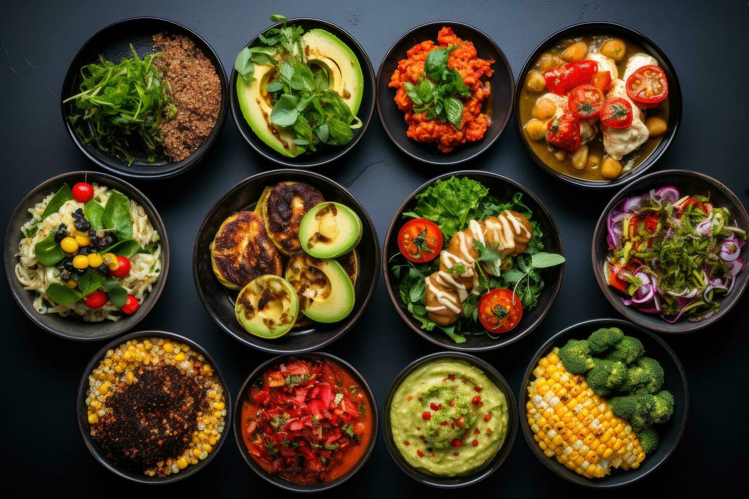 AI generated Assorted mexican food in bowls on black background, top view, Assortment of healthy food dishes, top view, AI Generated photo