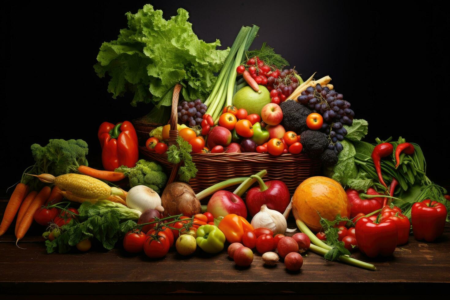 AI generated Composition with variety of raw organic vegetables and fruits. Balanced diet, Assortment of fresh organic fruits and vegetables, AI Generated photo