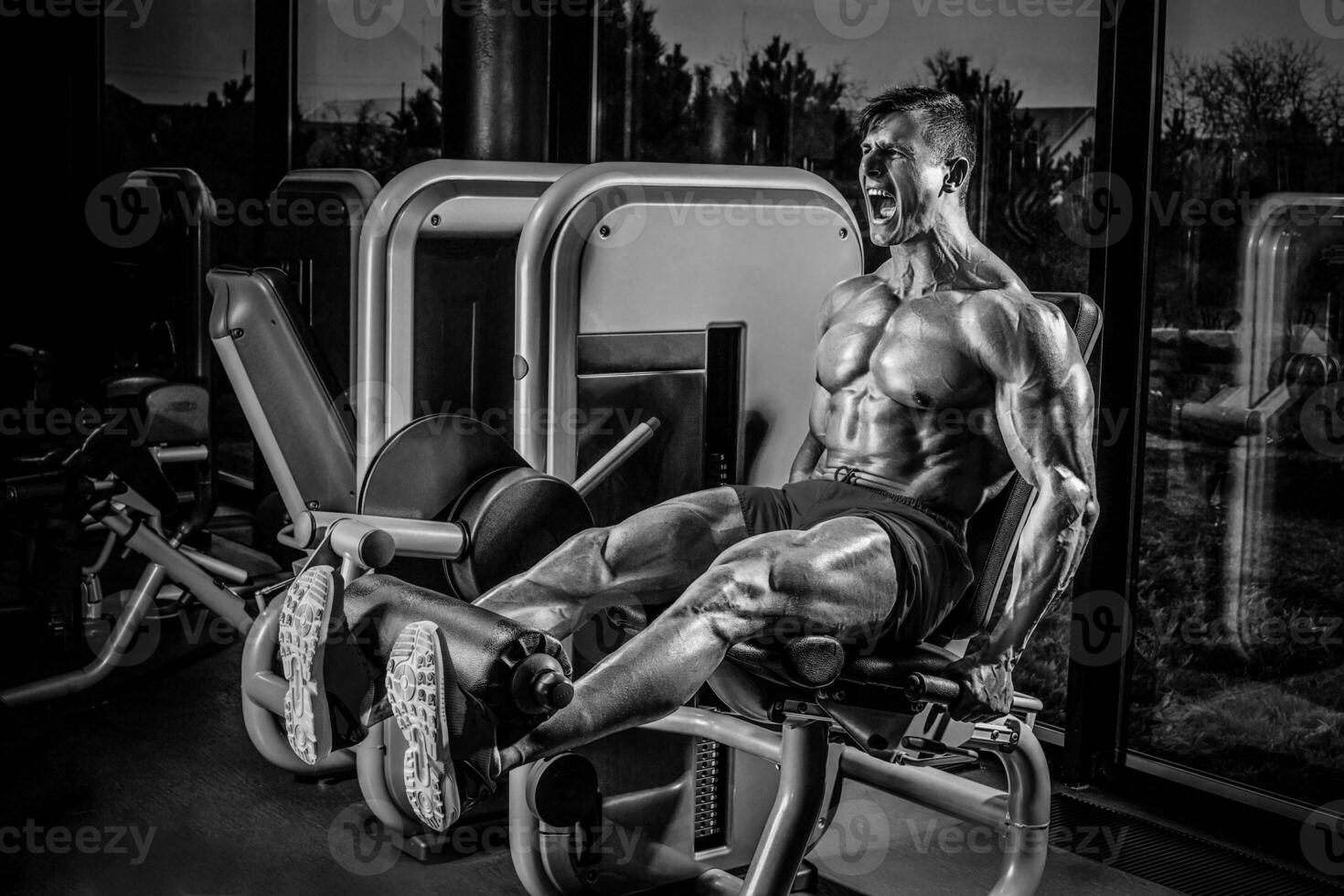 Leg Exercises - Man Doing Leg With Machine In Gym photo