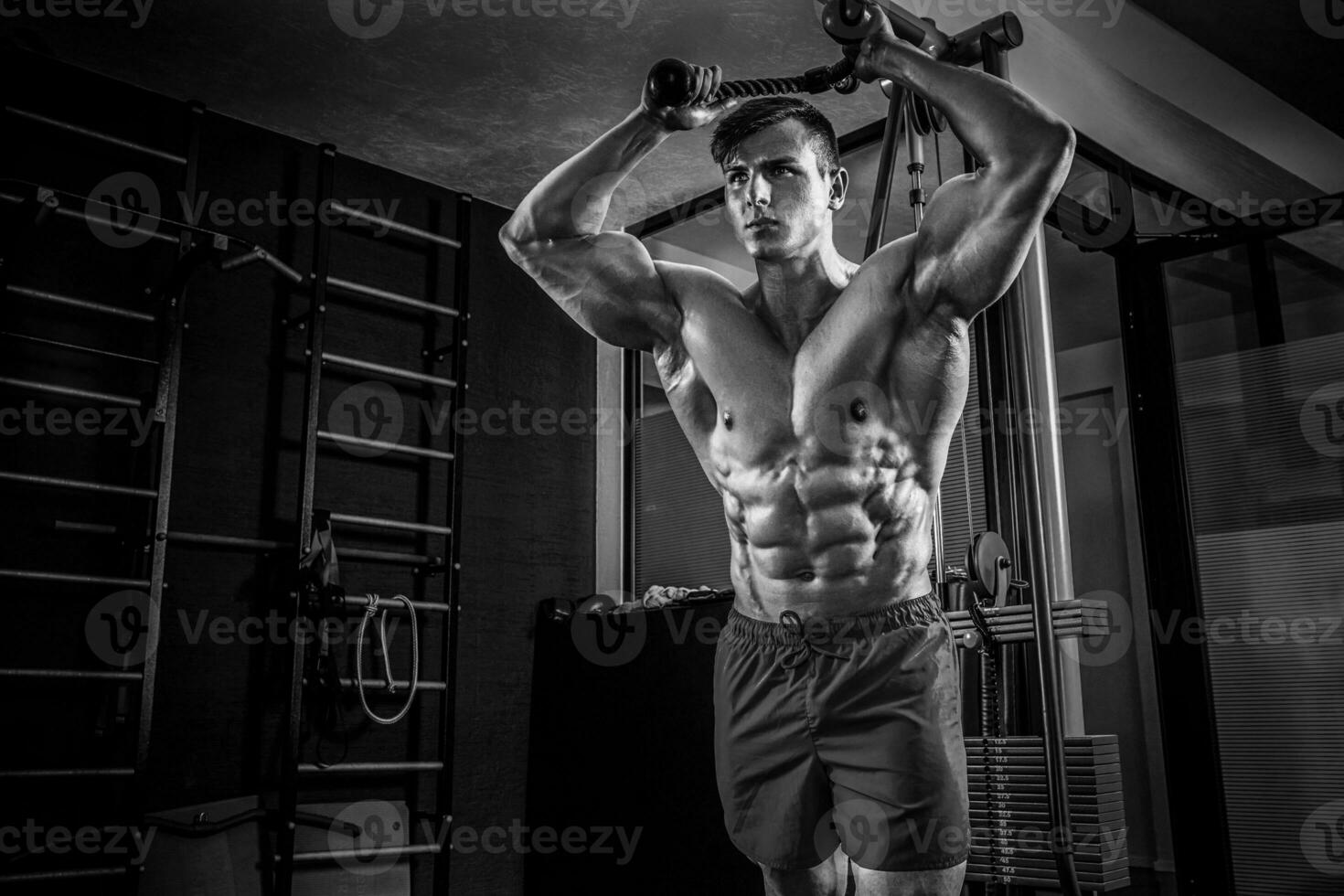 Sexy muscular man posing in gym, shaped abdominal. Strong male n photo