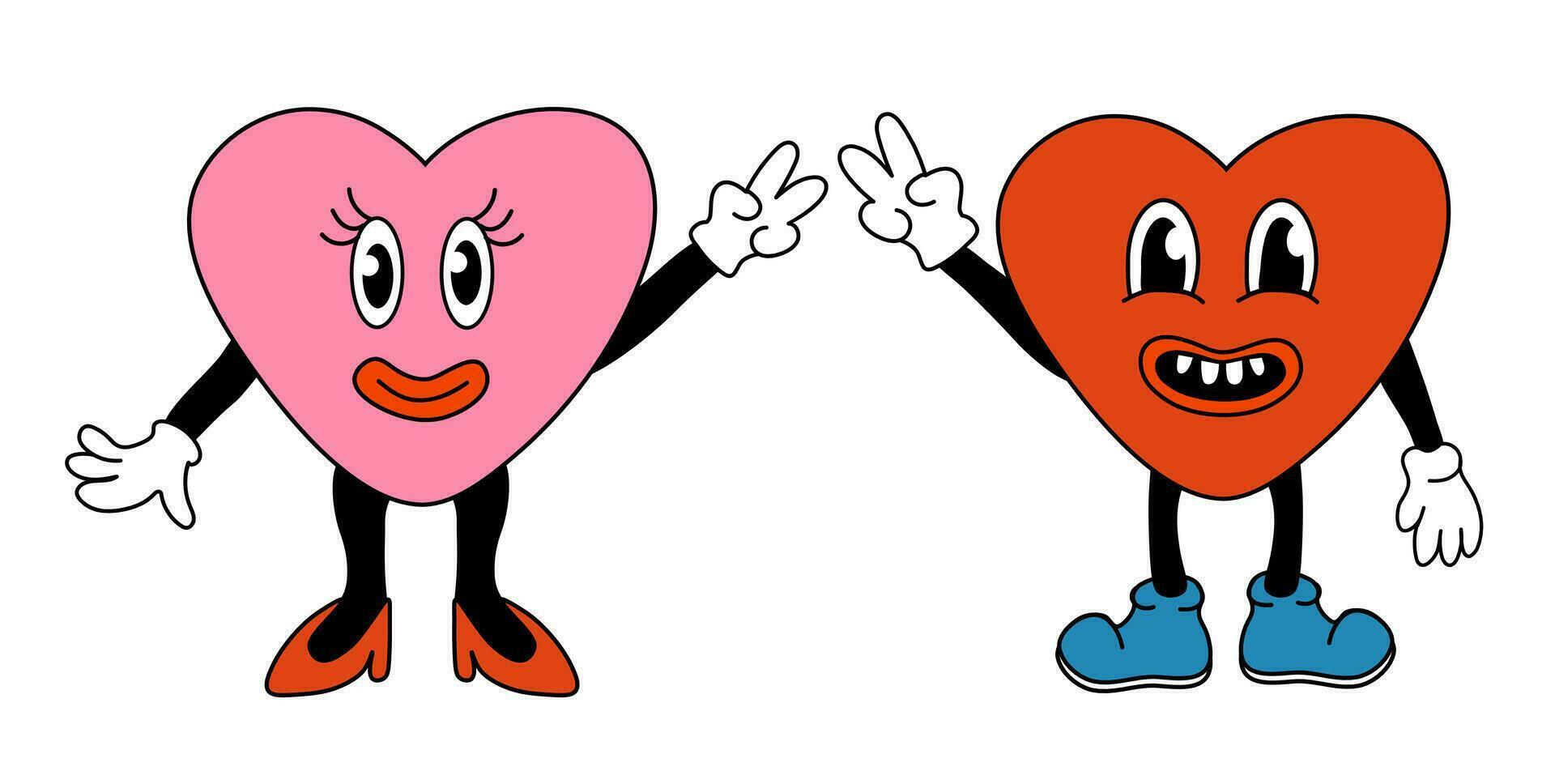 Retro 70s 60s 80s Hippie Groovy Valentine day lovely Hearts Characters girl and boy. Show peace sign. Mascots in Funky trendy cartoon style. Vector flat illustration.