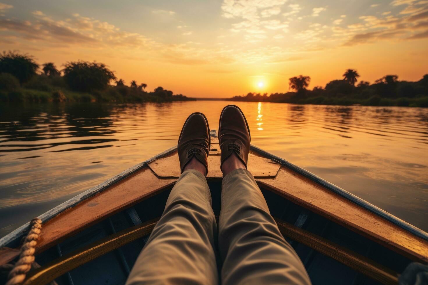 AI generated Legs of a man in a boat on a lake at sunset, An unrecognizable barefoot male traveler sitting on the edge of a boat during a cruise on the rippling Nile River against a cloudless photo